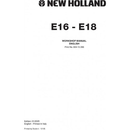 New Holland E16, E18 Excavator Pdf Repair Service Manual (p. Nb. 60413396)