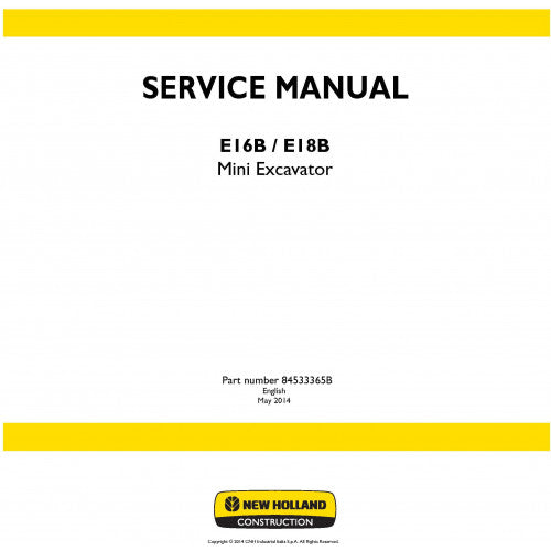 New Holland E16B, E18B Mini Excavator Pdf Repair Service Manual (p. Nb. 84533365b)