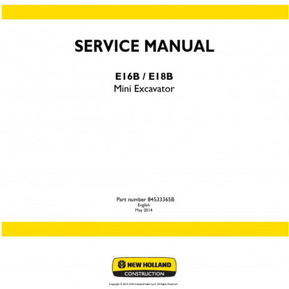 New Holland E16B, E18B Mini Excavator Pdf Repair Service Manual (p. Nb. 84533365b)