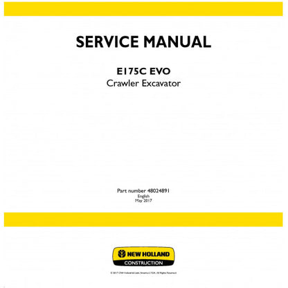 New Holland E175C Evo Crawler Excavator Pdf Repair Service Manual (p. Nb. 48024891)