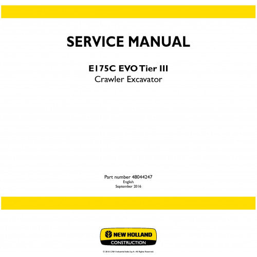 New Holland E175C Evo Crawler Excavator Pdf Repair Service Manual (p. Nb. 48044247)