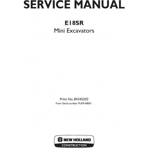 New Holland E18SR Mini Excavator Pdf Repair Service Manual (p. Nb. 84345202)