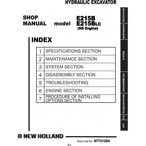 New Holland E215B E215BLC Hydraulic Excavator Pdf Repair Service Manual (p. Nb. 87731204) (Hs Engine)