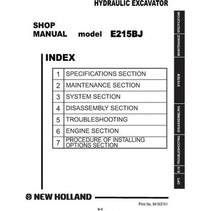 New Holland E215BJ Hydraulic Excavator Pdf Repair Service Manual (p. Nb. 84163741)