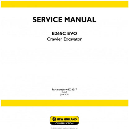 New Holland E265c Evo Crawler Excavator Pdf Repair Service Manual (p. Nb. 48034217)