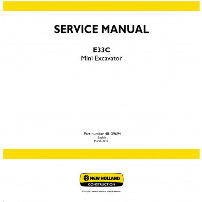 New Holland E33C Mini Excavator Pdf Repair Service Manual (p. Nb. 48139694)