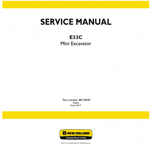 New Holland E33C Mini Excavator Pdf Repair Service Manual (p. Nb. 48139694)