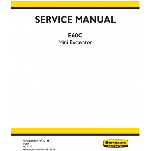 New Holland E60C Mini Excavator Pdf Repair Service Manual (p. Nb. 51452135)