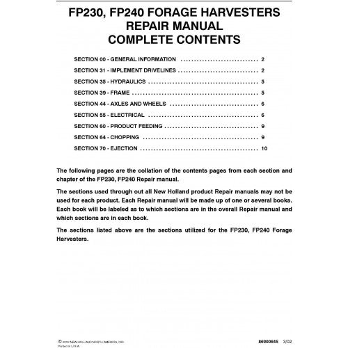 New Holland FP230, FP240 Forage Harvesters Pdf Repair Service Manual (p. Nb. 86900642)