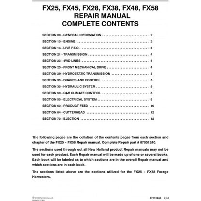 New Holland FX25, FX45, FX28, FX38, FX48, FX58 Forage Harvesters Pdf Repair Service Manual (P. Nb. 87051240)