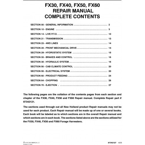 New Holland FX30, FX40, FX50, FX60 Forage Harvesters Pdf Repair Service Manual (p. Nb. 87342121)