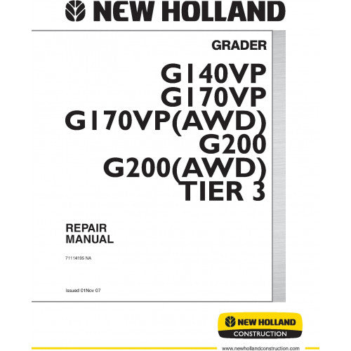 New Holland G140VP, G170VP, G170VP(AWD), G200, G200(AWD) Grader Pdf Repair Service Manual (p. Nb. 71114195)