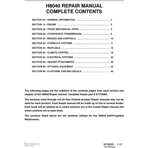 New Holland H8040 Self-propelled Windrower Pdf Repair Service Manual (p. Nb. 87742969)