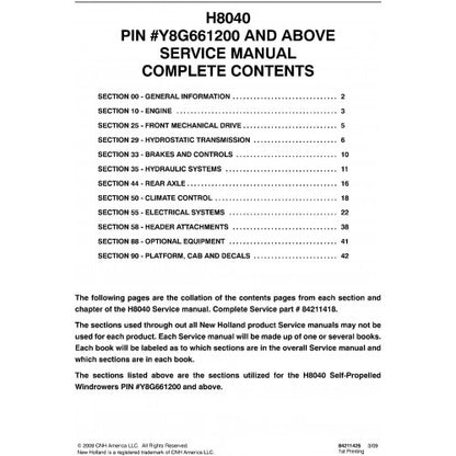 New Holland H8040 Windrower Pdf Repair Service Manual (p. Nb. 84211418)