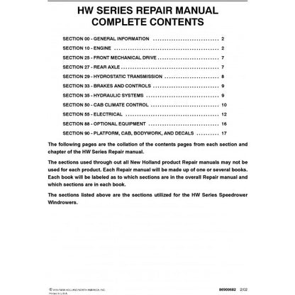 New Holland HW Series HW300, HW320, HW340 Speedrower Windrower Pdf Repair Service Manual (P. Nb. 86637556)