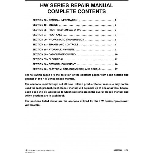 New Holland HW Series HW300, HW320, HW340 Speedrower Windrower Pdf Repair Service Manual (P. Nb. 86637556)