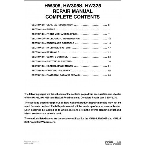 New Holland HW305, HW305S, HW325 SP Windrower Pdf Repair Service Manual (p. Nb. 87576230)