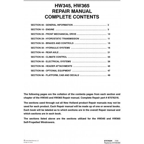 New Holland HW345, HW365 Self-propelled Windrower Pdf Repair Service Manual (p. Nb. 87576216)