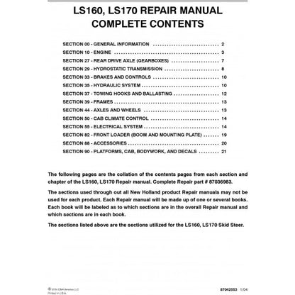 New Holland LS160, LS170 Skid Steer Loader Pdf Repair Service Manual (p. Nb. 87036983)