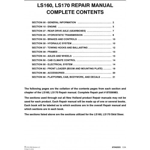 New Holland LS160, LS170 Skid Steer Loader Pdf Repair Service Manual (p. Nb. 87036983)