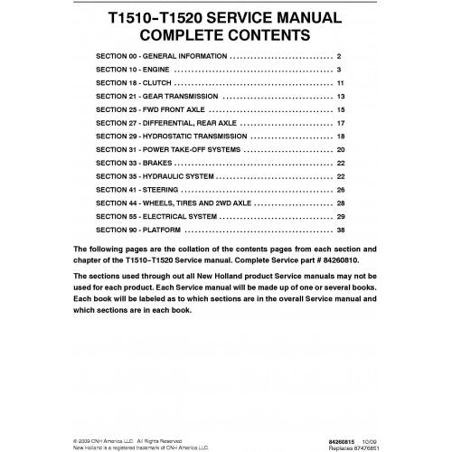 New Holland T1510 T1520 Tractor Pdf Repair Service Manual (p. Nb. 84260810)