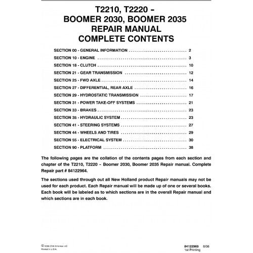 New Holland T2210, T2220 Boomer 2030, Boomer 2035 Compact Tractor Pdf Repair Service Manual (p. Nb. 84122964)