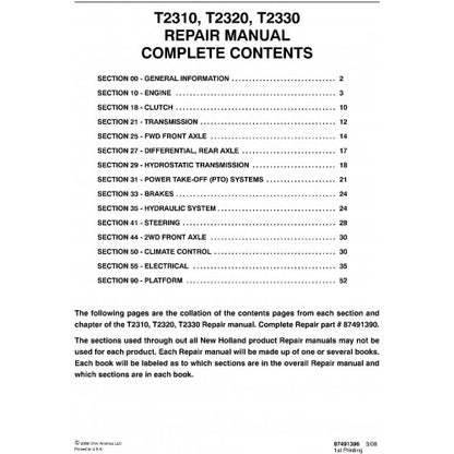 New Holland T2310, T2320, T2330 Tractor Pdf Repair Service Manual