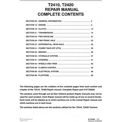 New Holland T2410, T2420 Tractor Pdf Repair Service Manual (P. Nb. 87725020)