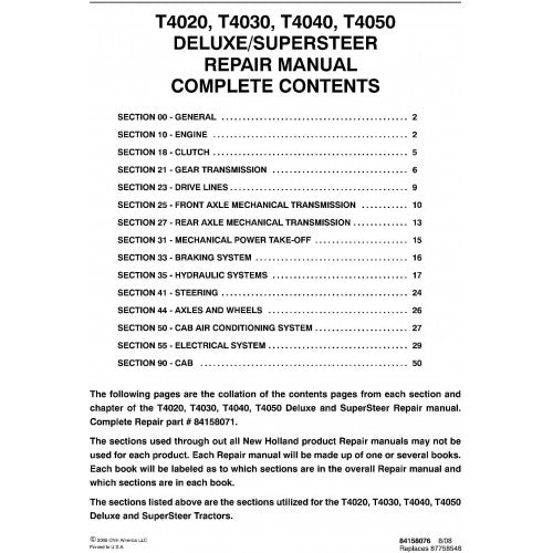 New Holland T4020, T4030, T4040, T4050 Deluxe and Supersteer Tractor Pdf Repair Service Manual (p. Nb. 87666787b)