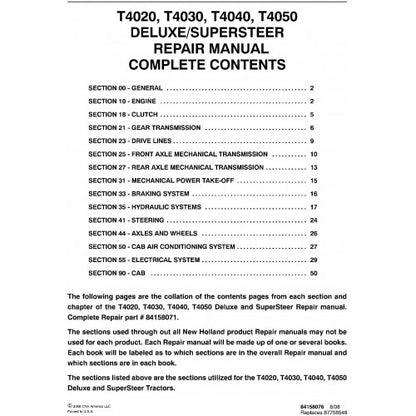 New Holland T4020, T4030, T4040, T4050 Deluxe and Supersteer Tractor Pdf Repair Service Manual (p. Nb. 87666787b)