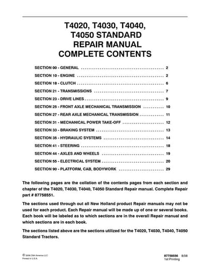 New Holland T4020, T4030, T4040, T4050 Standard Tractors Pdf Repair Service Manual (p. Nb. 87758551)