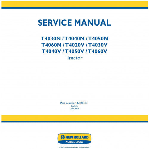 New Holland T4030N, T4040N, T4050N, T4060N, T4020V, T4030V, T4040V, T4050V, T4060V Tractor Pdf Repair Service Manual (p. Nb. 47888351)