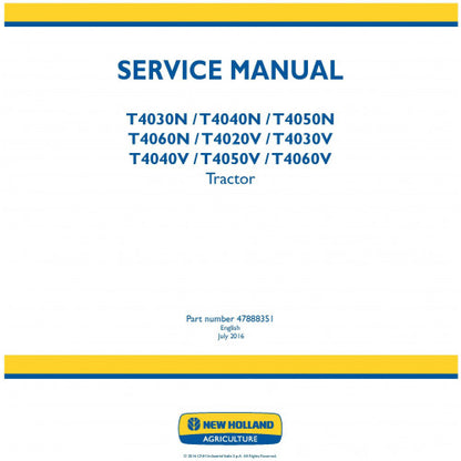 New Holland T4030N, T4040N, T4050N, T4060N, T4020V, T4030V, T4040V, T4050V, T4060V Tractor Pdf Repair Service Manual (p. Nb. 47888351)