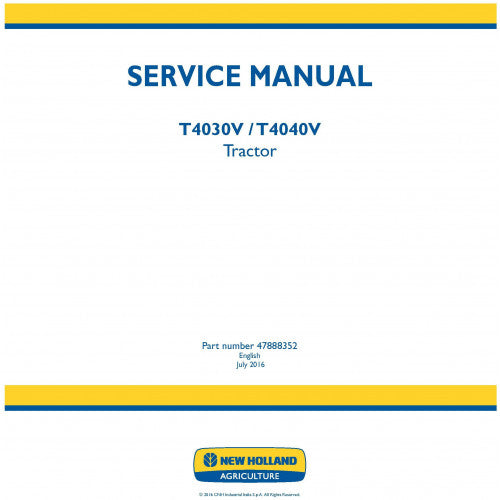 New Holland T4030V, T4040V Tractor Pdf Repair Service Manual (p. Nb. 47888352)