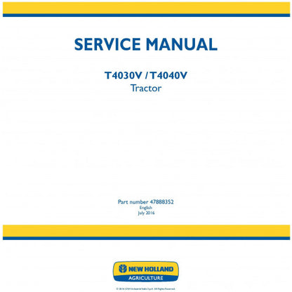 New Holland T4030V, T4040V Tractor Pdf Repair Service Manual (p. Nb. 47888352)