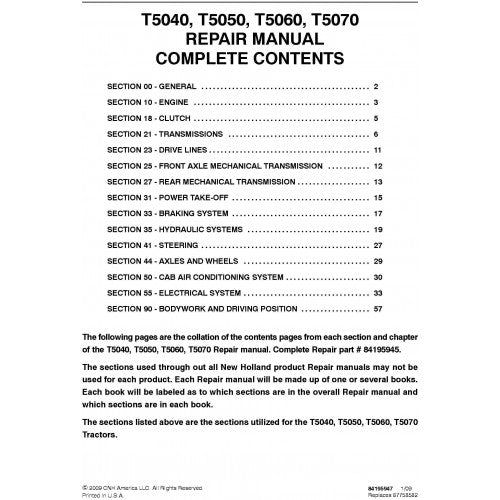 New Holland T5030 T5040 T5050 T5060 T5070 Tractor Pdf Repair Service Manual (p. Nb. 87679925a)