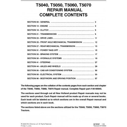 New Holland T5030 T5040 T5050 T5060 T5070 Tractor Pdf Repair Service Manual (p. Nb. 87679925a)