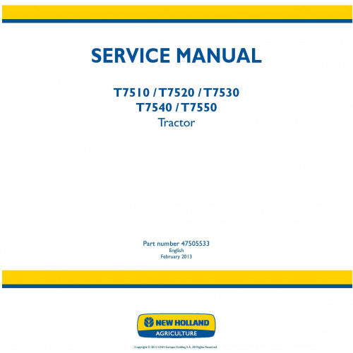 New Holland T7510, T7520, T7530, T7540, T7550 Tractor Pdf Repair Service Manual