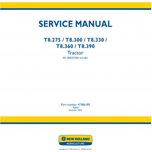 New Holland T8.275, T8.300, T8.330, T8.360, T8.390 Tractor Pdf Repair Service Manual