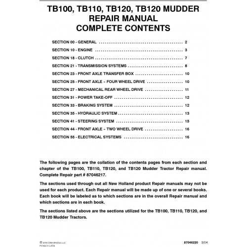 New Holland TB100, TB110, TB120 Mudder Tractor Pdf Repair Service Manual (p. Nb. 87046217)