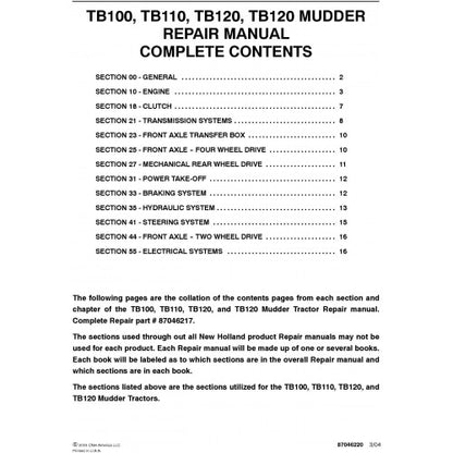 New Holland TB100, TB110, TB120 Mudder Tractor Pdf Repair Service Manual (p. Nb. 87046217)