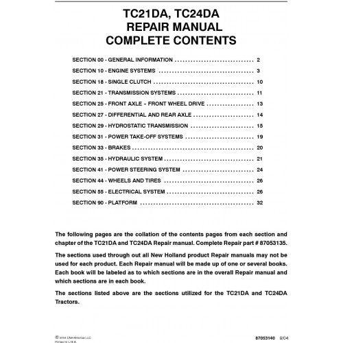 New Holland TC21DA, TC24DA Compact Tractors Pdf Repair Service Manual (p. Nb. 87053135)