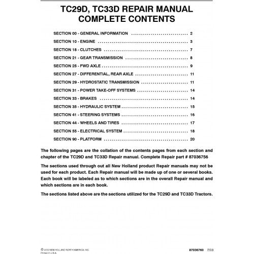 New Holland TC29D, TC33D Tractor Pdf Repair Service Manual (p. Nb. 87036756)