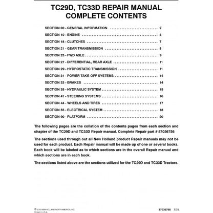 New Holland TC29D, TC33D Tractor Pdf Repair Service Manual (p. Nb. 87036756)