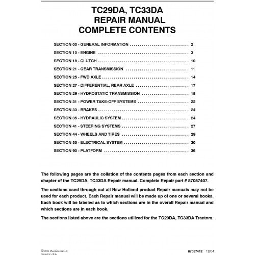 New Holland TC29DA, TC33DA Tractors Pdf Repair Service Manual (p. Nb. 87057407)