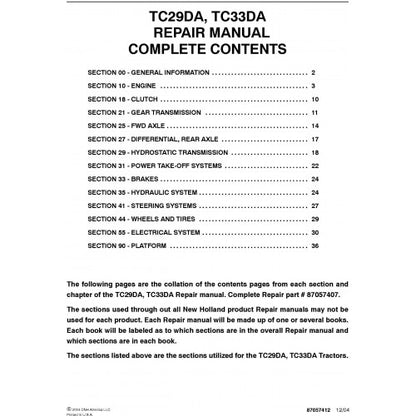 New Holland TC29DA, TC33DA Tractors Pdf Repair Service Manual (p. Nb. 87057407)