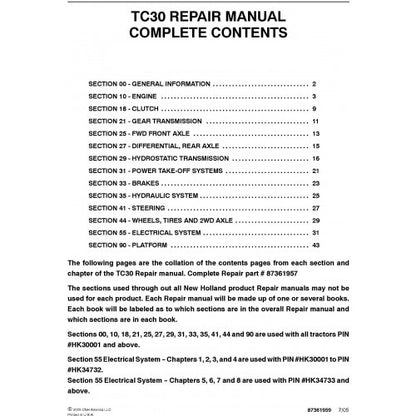 New Holland TC30 Tractor Pdf Repair Service Manual (p. Nb. 87361957) (Pin Hk30001-hk34732)