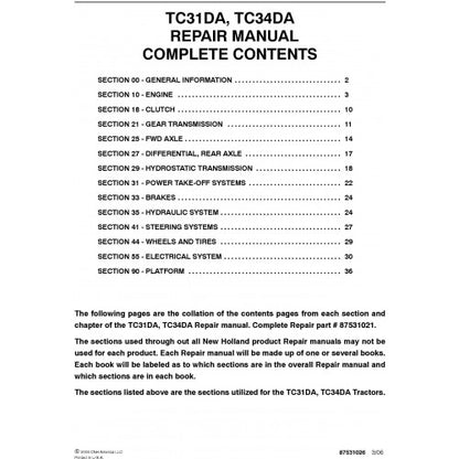 New Holland TC31DA, TC34DA Tractors Pdf Repair Service Manual (p. Nb. 87531021)