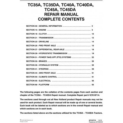 New Holland TC35A TC35DA TC40A TC40DA TC45A TC45DA Tractor Pdf Repair Service Manual (p. Nb. 87618714)