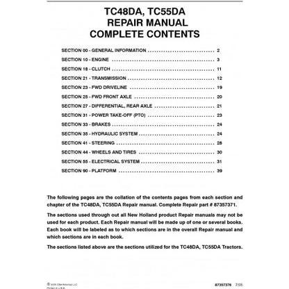 New Holland TC48DA, TC55DA Tractor Pdf Repair Service Manual (p. Nb. 87357371)